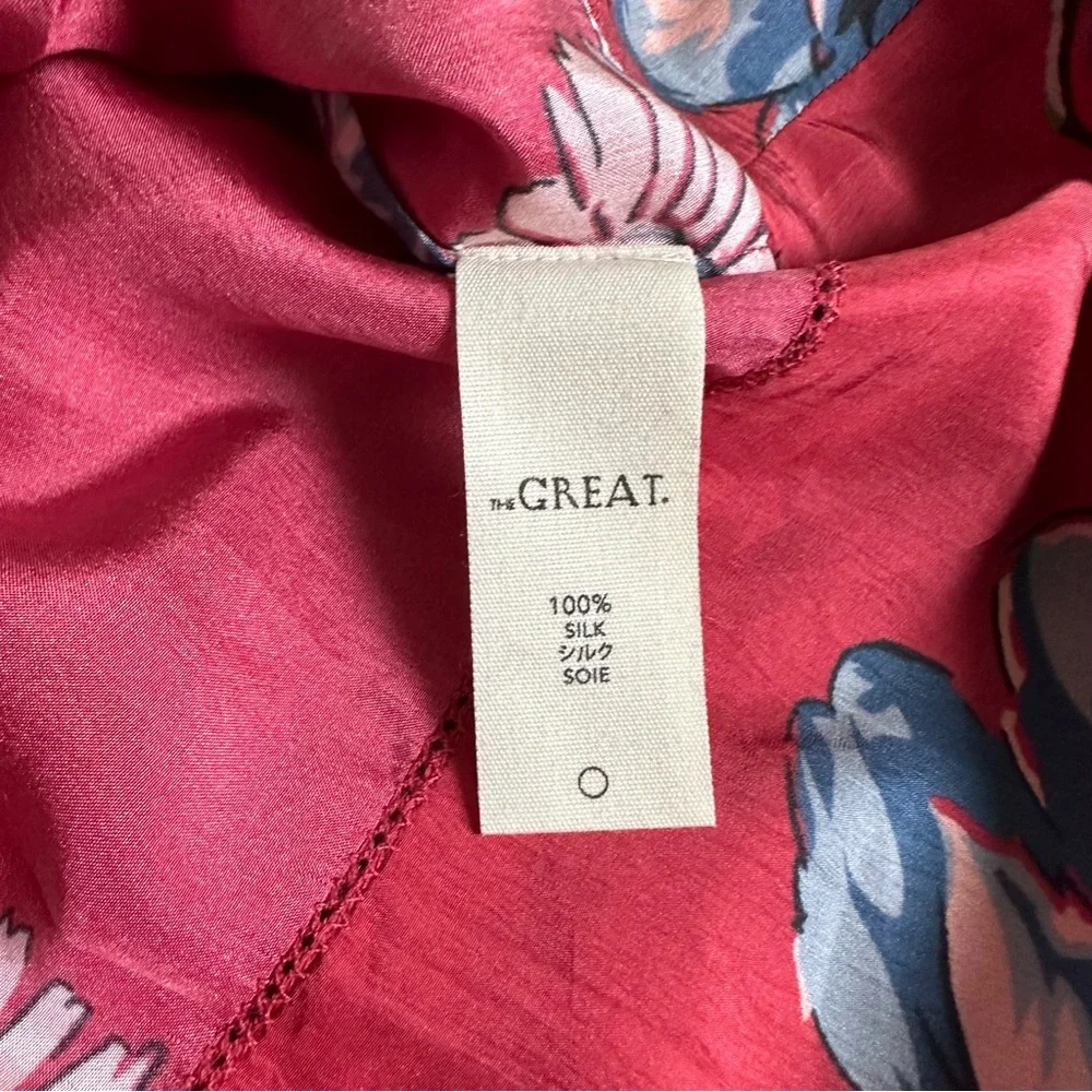 THE GREAT. Red Floral Puff-Sleeve silk Blouse - Picture 9 of 10